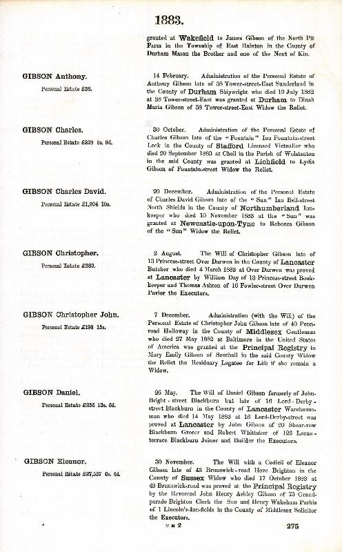 Gibson (Christopher John) 1883 Probate